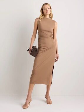 NWOT Quince Stretch Cotton Jersey Mock Neck Midi Dress - Mocha Brown - Small